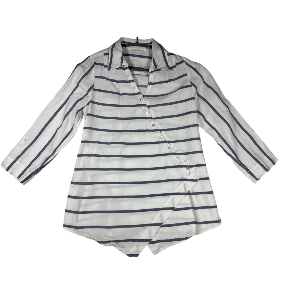 SOFT SURROUNDINGS Tunic Top Sz L Striped Tencel Roll Tab Boho Minimalist Capsule